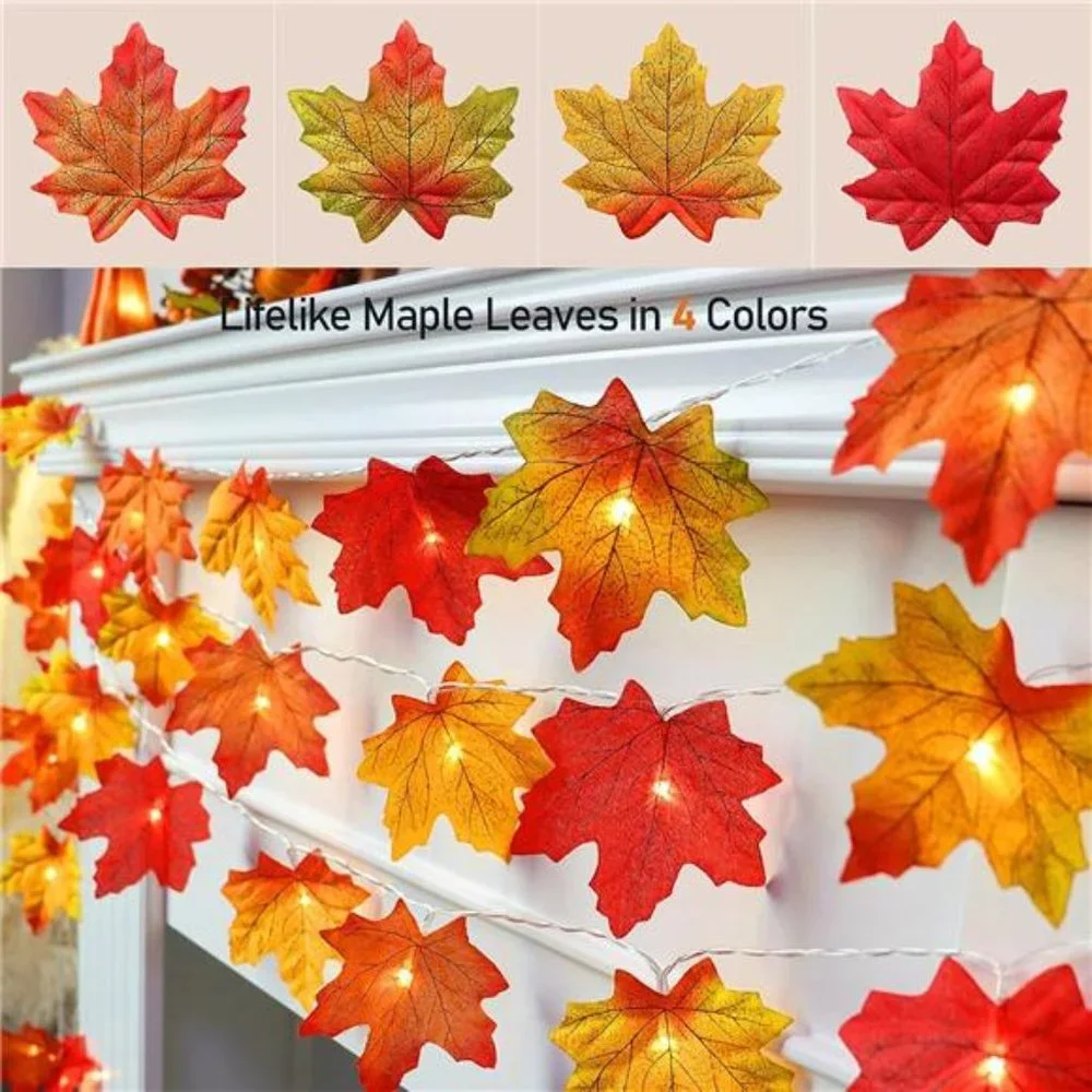 2 Pack Fall Decorations Maple Leaf Lights Garland Multicolored, 20Ft 40LED
